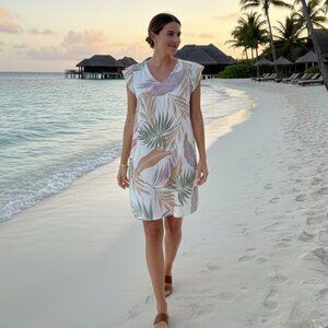 NWOT Tahari Women's S 100% Linen Tropical Palm Floral Print Midi Shift Dress